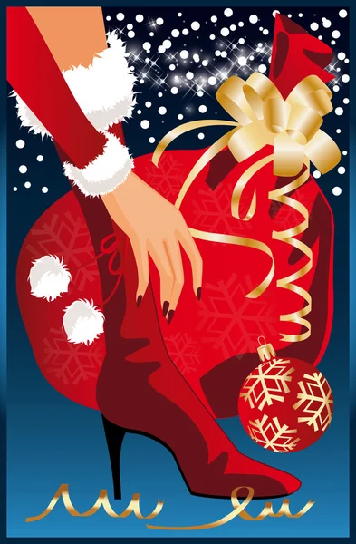 Biglietto di Natale. Babbo Natale con regalo. illustrazione vettoriale — Vettoriale Stock