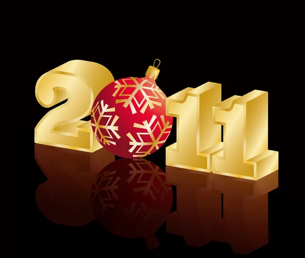 3d vector illustration of golden text '2011' and christmas ball — Stock Vector
