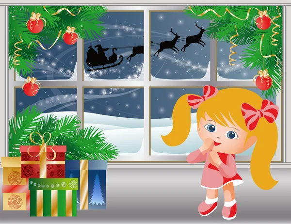 Kerstverhaal, kleine meisje kijkt uit het raam op santa claus. vector — Stockvector