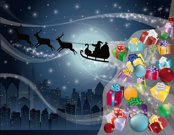 Winter Cityscape. Christmas card with Santa Claus. vector — Stock Vector