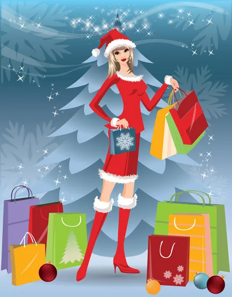 Winkelen Kerstkaart met santa meisje. vector — Stockvector