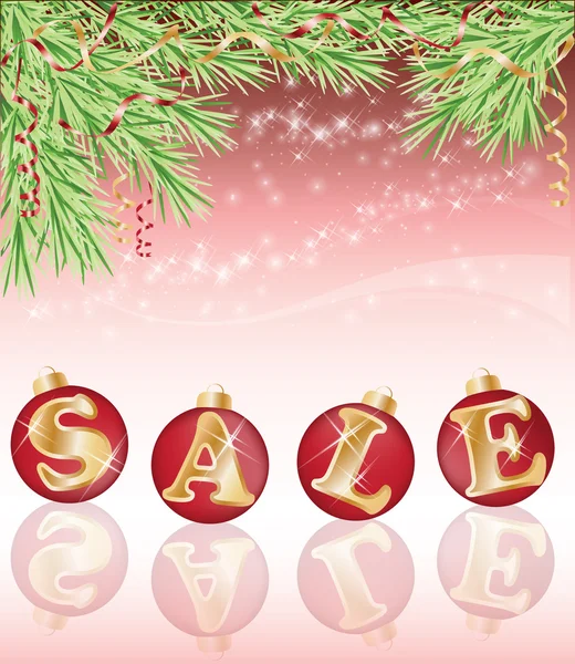 Tarjeta de la venta del año nuevo con las bolas de Navidad, ilustración del vector — Vector de stock