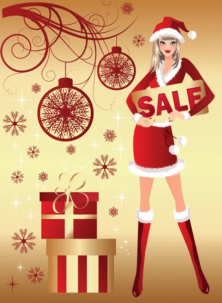 Девчонка Санта и рождественская распродажа. векторная иллюстрация — стоковый вектор