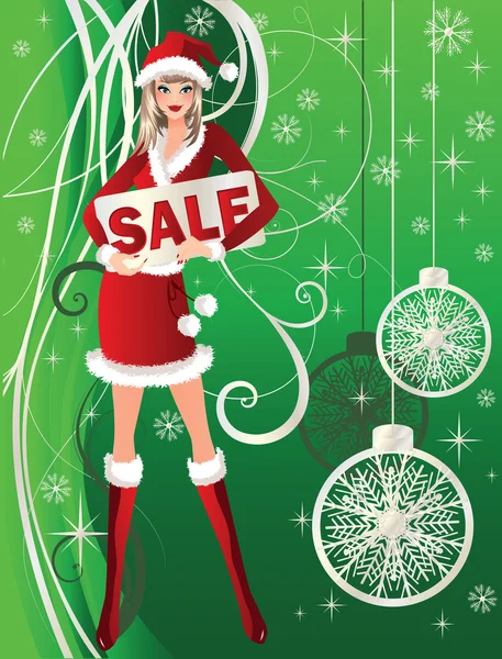 Försäljning av julkort med santa flicka, vektor illustration — Stock vektor