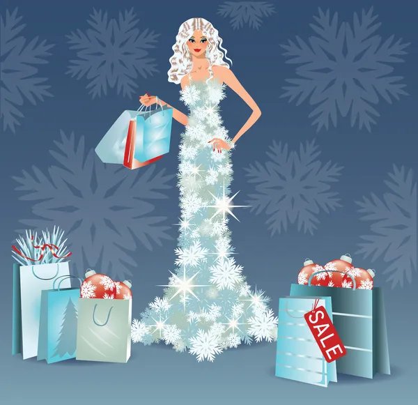 Noel satış tebrik kartı. Kış kız alışveriş. vektör — Stok Vektör
