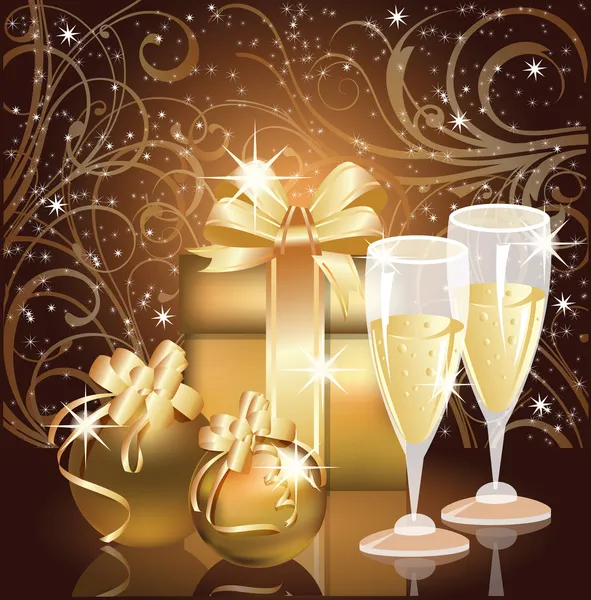 Christmas gratulationskort, champagne med xmas boll. vektor illustration — Stock vektor