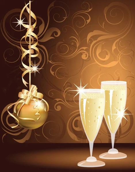 シャンパンとゴールデン カードの挨拶クリスマス。ベクトル イラスト — ストックベクタ