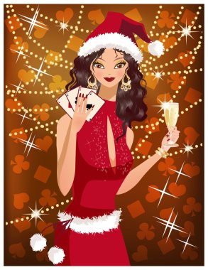 Şampanya ile Noel poker kız. vektör çizim
