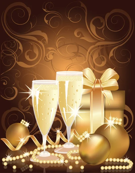 Рождественский золотой фон с шампанским и жемчугом. векторная иллюстрация — стоковый вектор