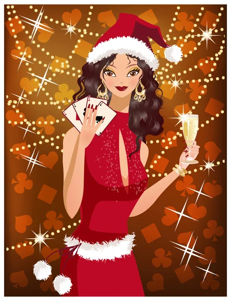 Christmas Poker ragazza con champagne. illustrazione vettoriale — Vettoriale Stock