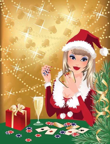 サンタガール ポーカーを果たしています クリスマスのカジノの背景 ベクトル イラスト — ストックベクタ
