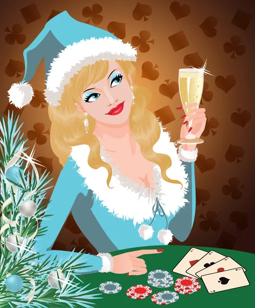 Χριστουγεννιάτικη Κάρτα Καζίνο Santa Κορίτσι Παίζει Πόκερ Εικονογράφηση Φορέας — Διανυσματικό Αρχείο