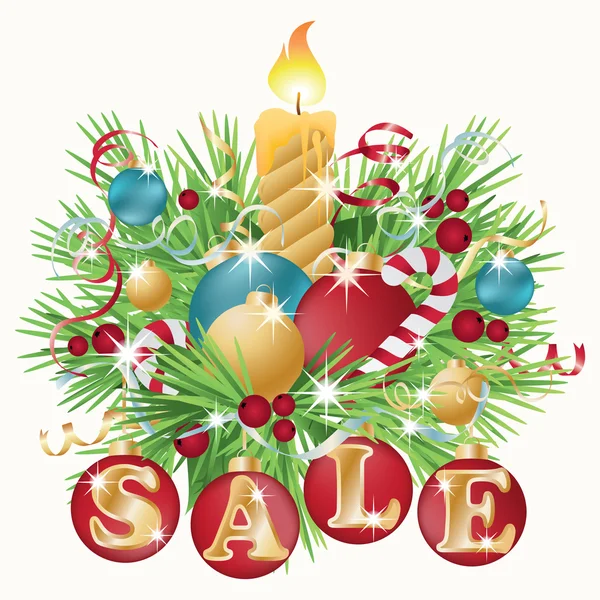 Tarjeta de felicitación de venta de Navidad con bolas y vela. ilustración vectorial — Vector de stock