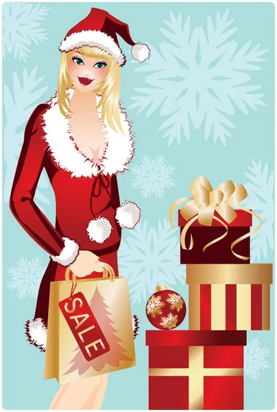 クリスマスの女の子と冬の販売カード ベクトル イラスト — ストックベクタ