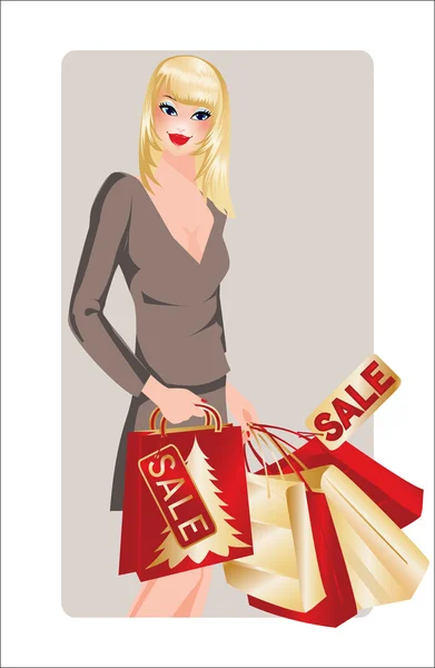 Cartão de venda com menina de compras. ilustração vetorial — Vetor de Stock