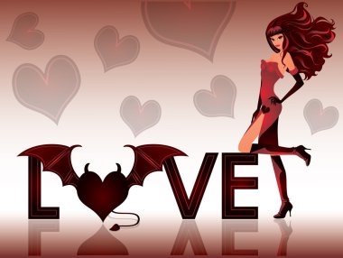 Love devil. Greeting card with beautiful girl. vector clipart