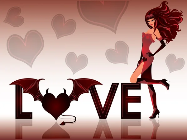 Láska ďábel. přání s krásnou dívkou. vektor — Stockový vektor