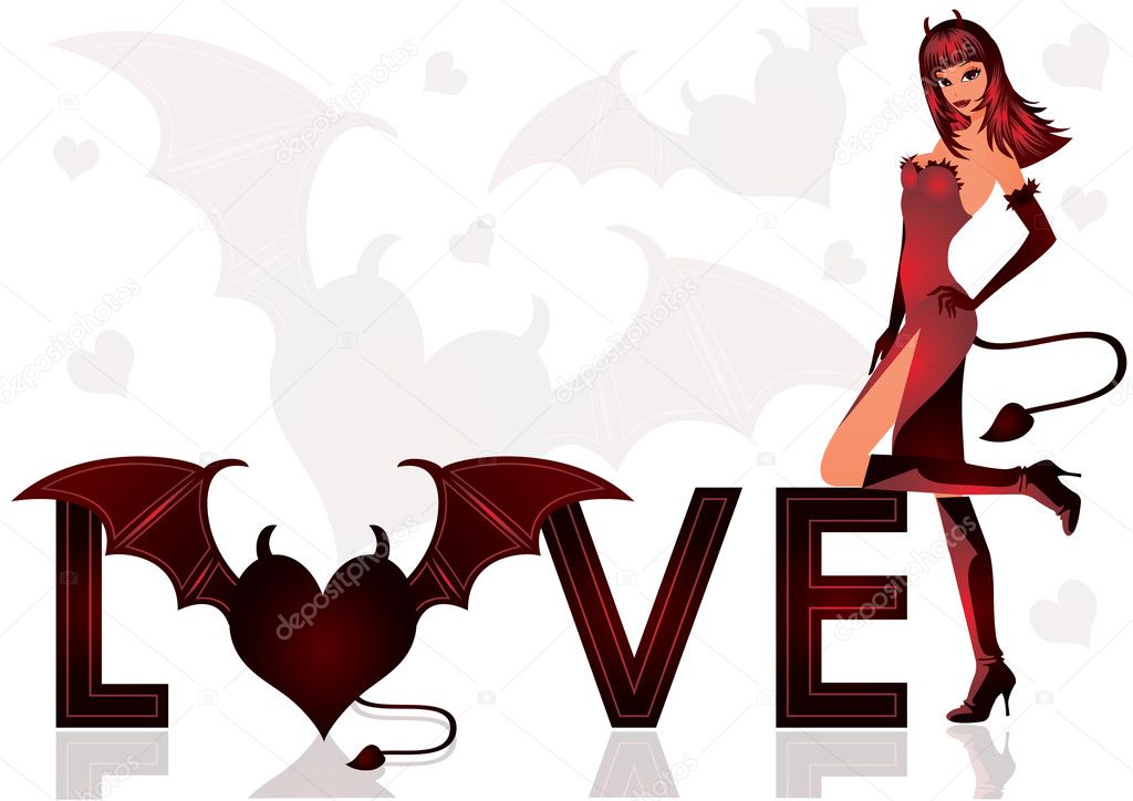 Love Devil Banner With Sexy Girl Vector Illustration