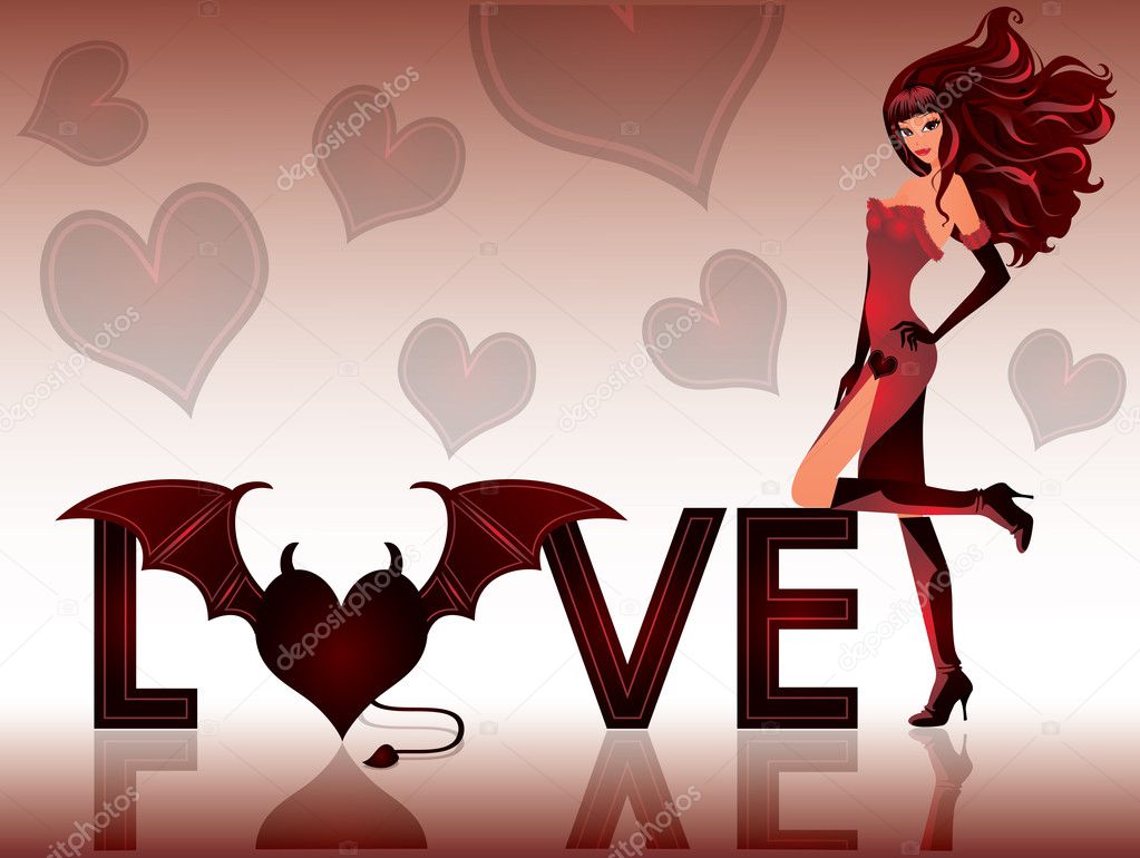 Love devil. Greeting card with beautiful girl. vector