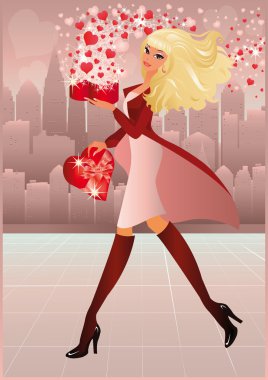 Vakentines day card. The young woman goes on a city and bears heart. vector illustration clipart