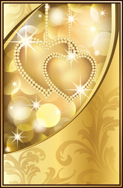 Vackra gyllene bakgrund med två hjärtan, vektor illustration — Stock vektor