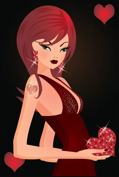 Biglietto di cuore di poker con ragazza capelli rossi. illustrazione vettoriale — Vettoriale Stock