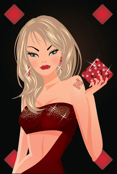 Poker-Diamant-Karte mit blondem Mädchen. Vektorillustration — Stockvektor