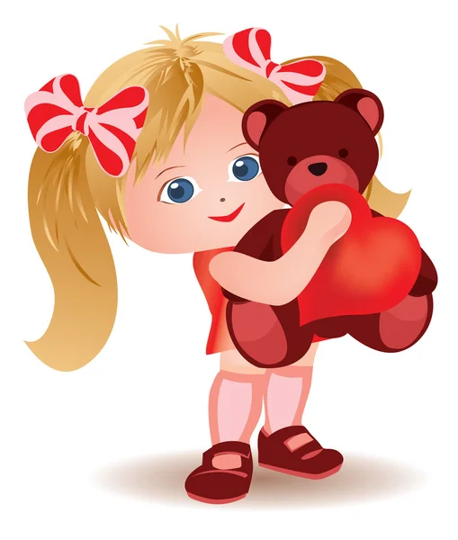 Маленька дівчинка з плюшевим ведмедем і серцем. Векторна ілюстрація — стоковий вектор