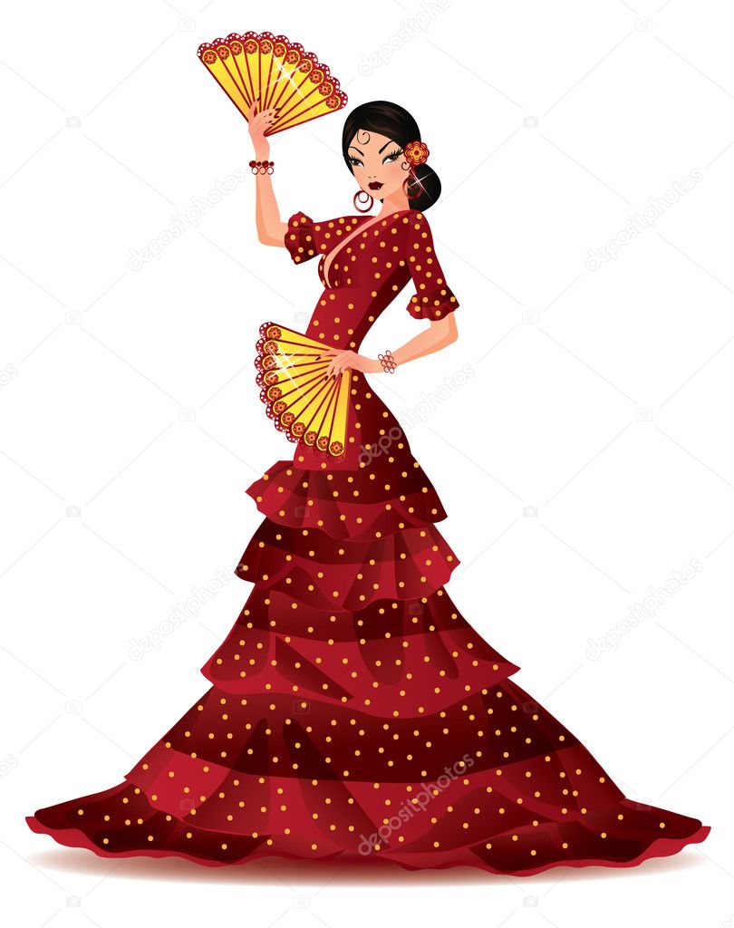 Spanish girl with two fans dances a flamenco, vector illustration