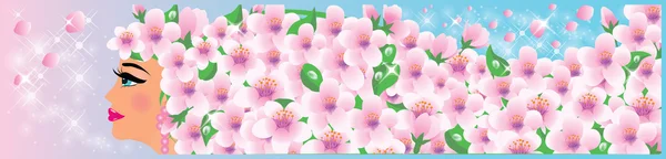 Banner Primavera Con Niña Flores Ilustración Vectorial — Vector de stock
