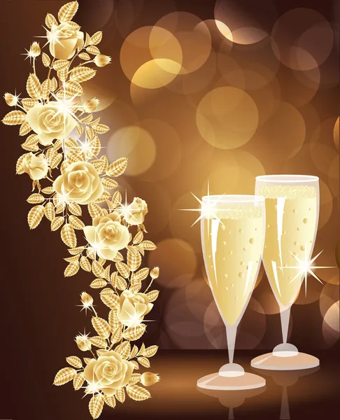 シャンパンとゴールデン愛のカード ベクトル イラスト — ストックベクタ