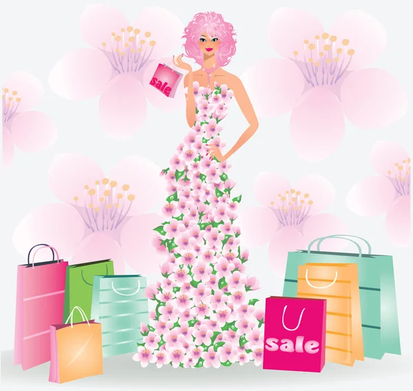 Spring Sale Girl Vector Illustration — Stock Vector