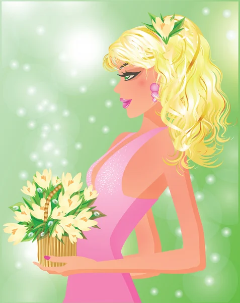 Bella ragazza con bouquet di bucaneve, illustrazione vettoriale — Vettoriale Stock