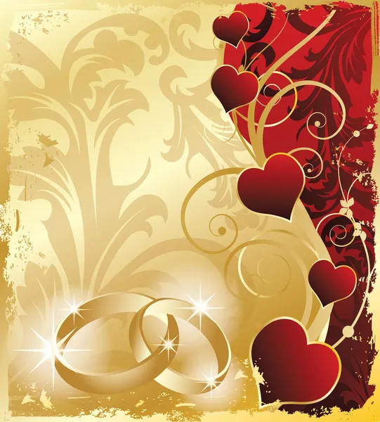 Bruiloft uitnodigingskaart met ringen en harten, vectorillustratie — Stockvector