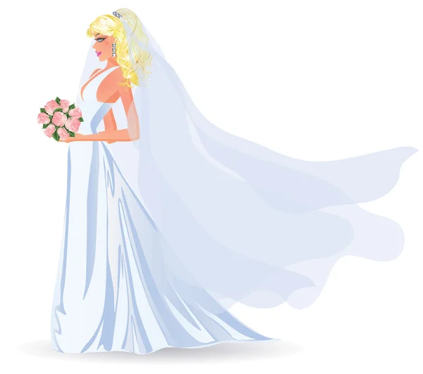 Mariée avec bouquet de fleurs, isolée sur blanc, illustration vectorielle — Image vectorielle