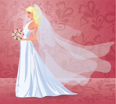 Wedding card. Beautiful young bride with bouquet, vector clipart