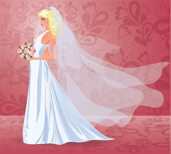Hochzeitskarte. schöne junge Braut mit Strauß, Vektor — Stockvektor