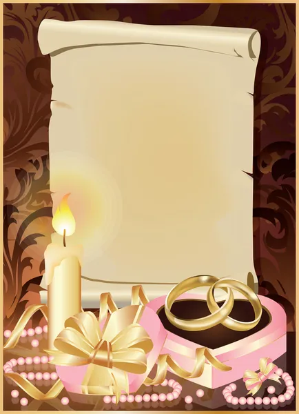 Hochzeitseinladungskarte mit Kerze und goldenen Ringen. Vektorillustration — Stockvektor