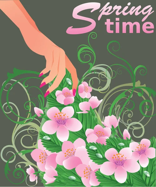 Sakura çiçekli bahar zaman afiş. vektör çizim — Stok Vektör