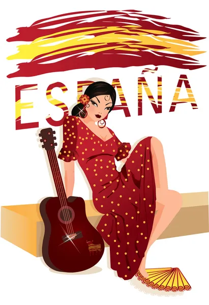 Chica española con guitarra, ilustración vectorial — Vector de stock