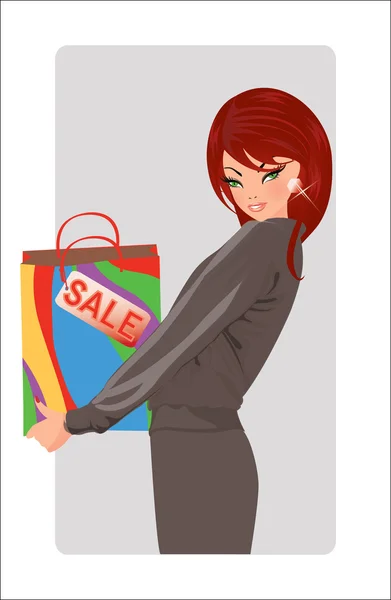販売時間。ショッピングの女の子、ベクトル イラスト — ストックベクタ