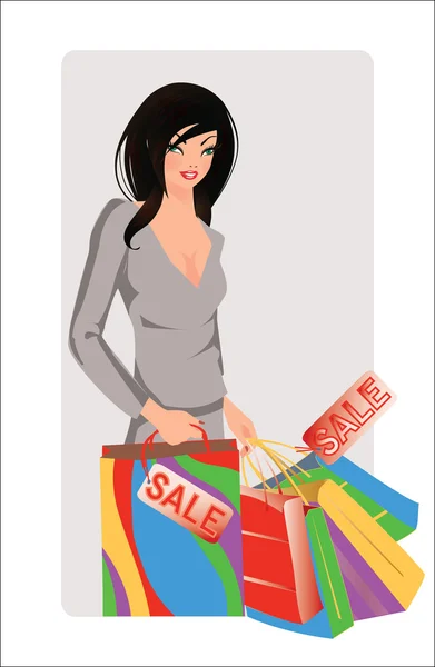 Hora da venda. Menina bonita com sacos de compras, ilustração vetorial — Vetor de Stock