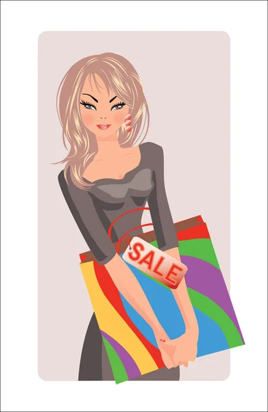 Hora da venda. Menina bonita com saco de compras, ilustração vetorial — Vetor de Stock