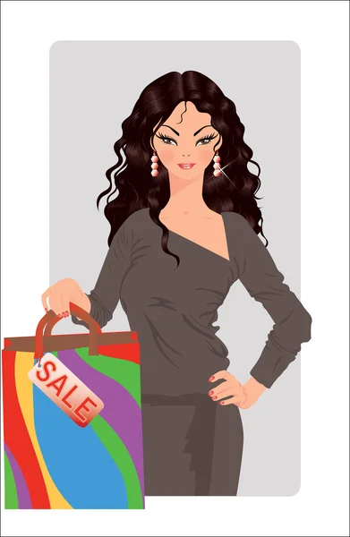 Sale time. Beautiful girl with sale bag, vector illustration — Stock Vector