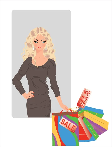 Tiempo de venta. Chica rubia con bolsas de compras. ilustración vectorial — Vector de stock