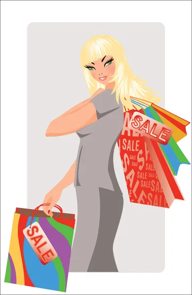 上市时间。美丽的女人广告购物袋。矢量插画 — 图库矢量图片