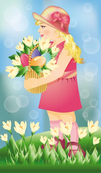 Jeune fille portant un panier avec des œufs de Pâques. vecteur — Image vectorielle