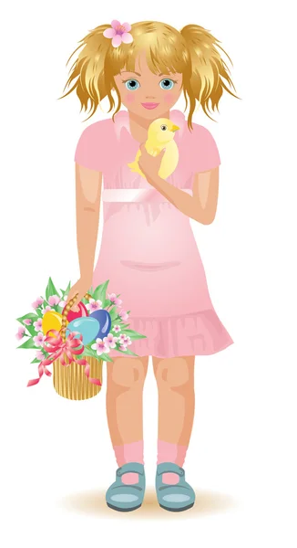 Meisje met Pasen mand en kip, vector illustratie — Stockvector