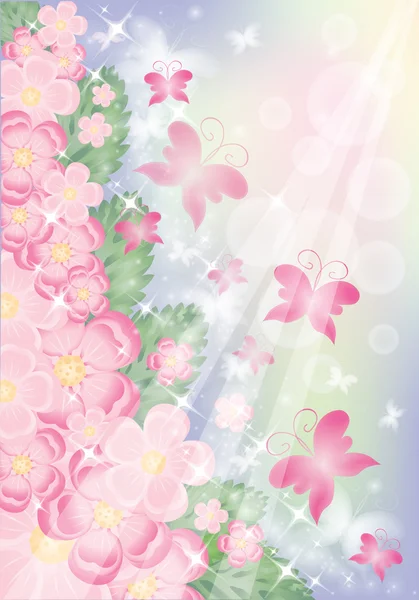 Λουλούδια και πεταλούδες ευχετήρια κάρτα. εικονογράφηση φορέας — Διανυσματικό Αρχείο