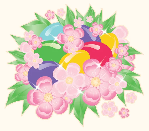 Paskalya yumurtaları ve çiçekler. vektör çizim — Stok Vektör